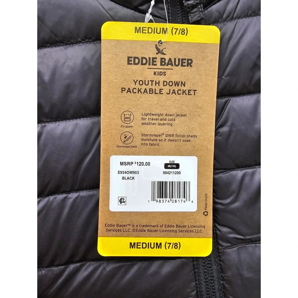 Eddie Bauer Youth Down Packable Jacket Black Kids Size Medium‎ 7/8 E934OW903 NEW